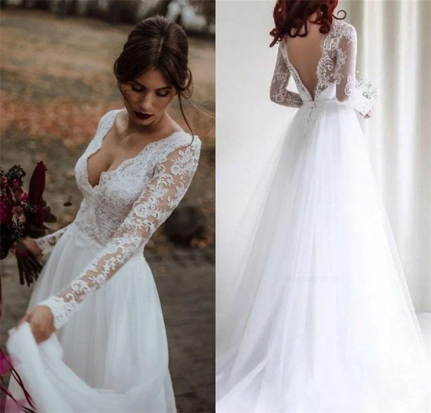 A-line Long Sleeves Wedding Dresses Lace Tulle Backless Bridal Gowns Boho Vestidos De Novia Sexy V-neck Custom Made