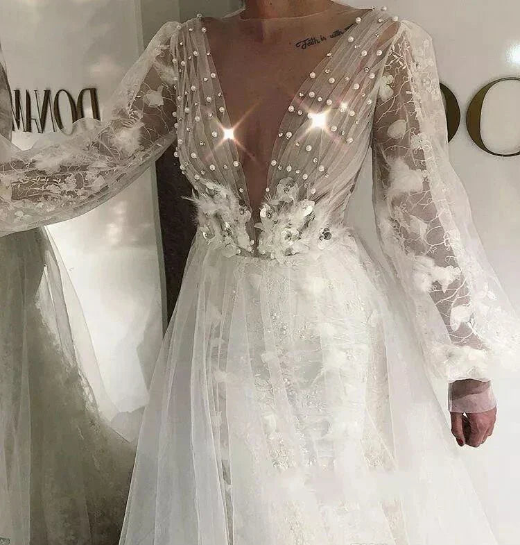 Boho A-line elegant poet long sleeves country garden plus size bridal gown size chart
