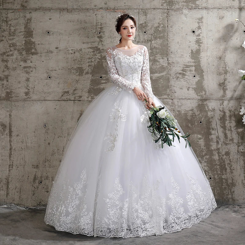 Plus size full sleeve lace-up ball gown wedding dress – front view – Snowy Bridal