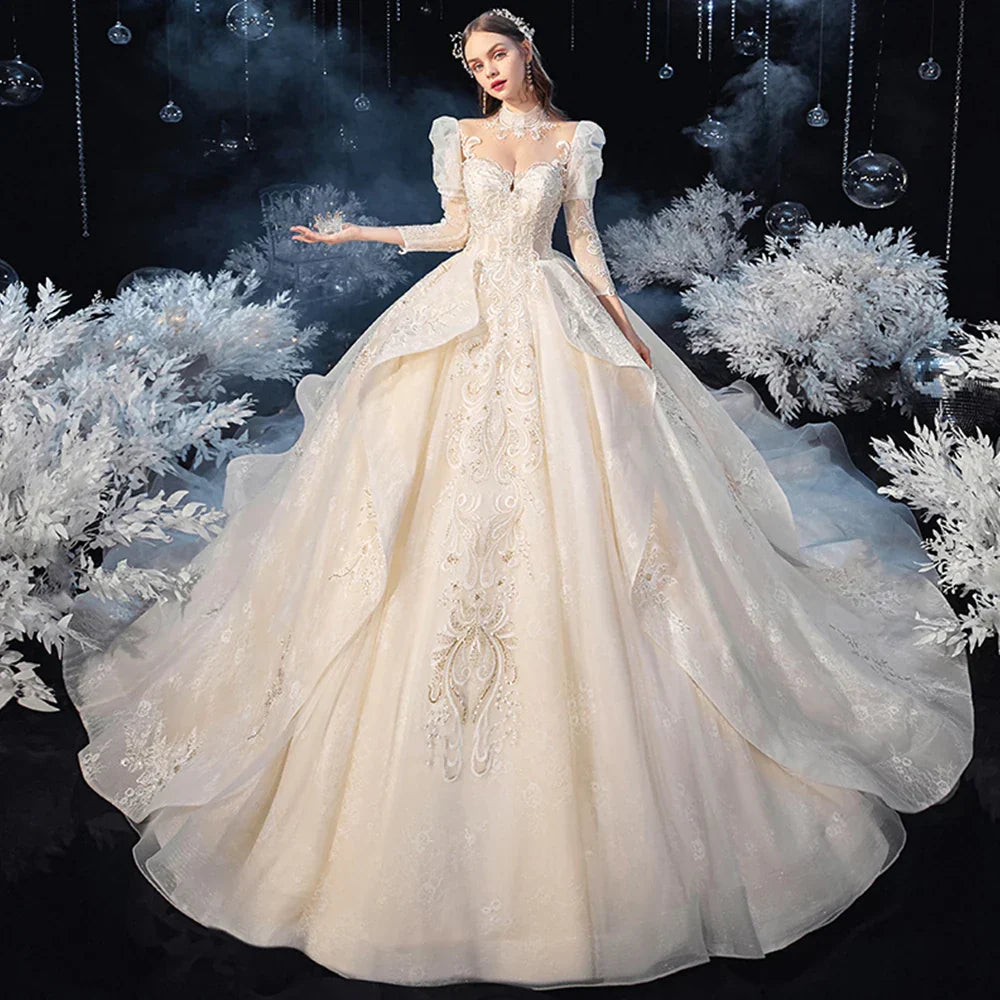 Three Quarter Sleeve Shiny Pearls Crystal Appliques Lace Gorgeous Ball Gown Wedding Dresses Vestido De Noiva