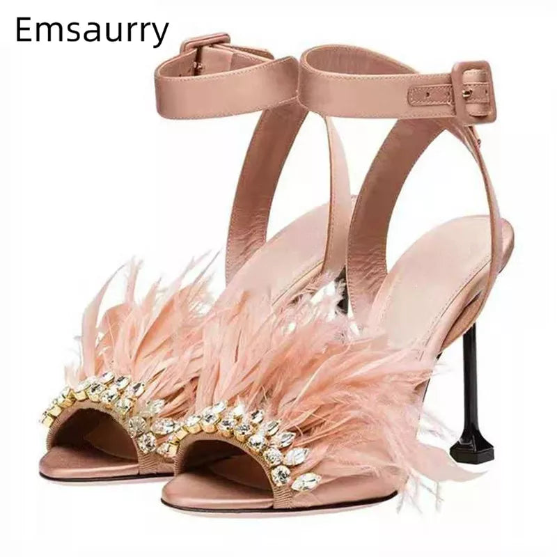 Jeweled feather goblet heel open toe ankle strap luxury satin high heel sandals women summer