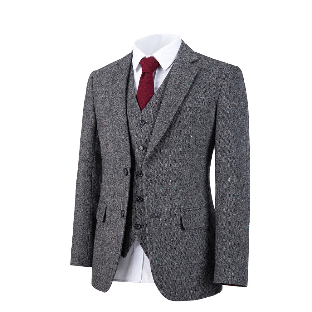 Grey wool tweed slim fit vintage wedding groom tuxedo men blazer custom made suit ivory