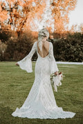 Rustic boho lace vintage mermaid beach flare sleeves open back bridal gown detail