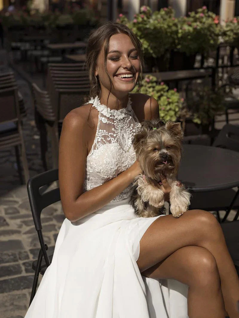 Simple halter collar wedding dress white sexy high split jewel neck chiffon boho beach bridal gown