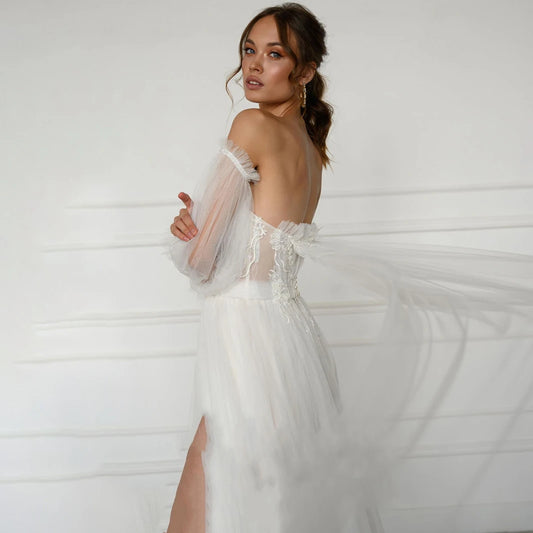 Off The Shoulder Ruched Tulle Boho Beach Bridal Gown A Line Front Slit Long Sheer Sleeves Beading Lace Customized Wedding Dress