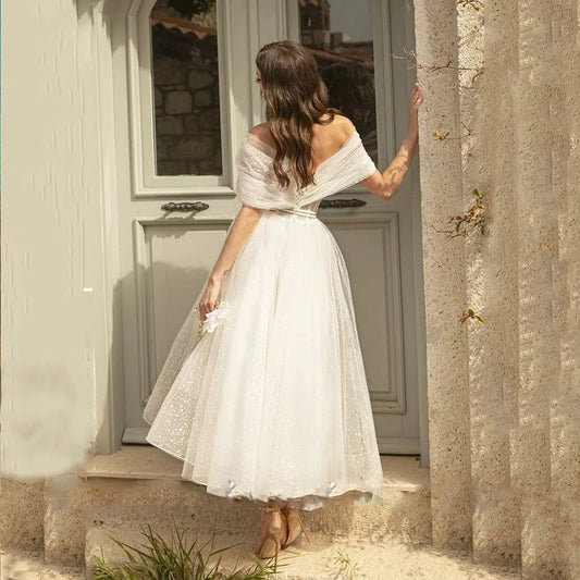 Bling Glittter Boho Wedding Dresses  For Women 2022 Sweetheaart  Tulle Point Net Tulle  Beach Short  Bridal Gown Cheap Civil