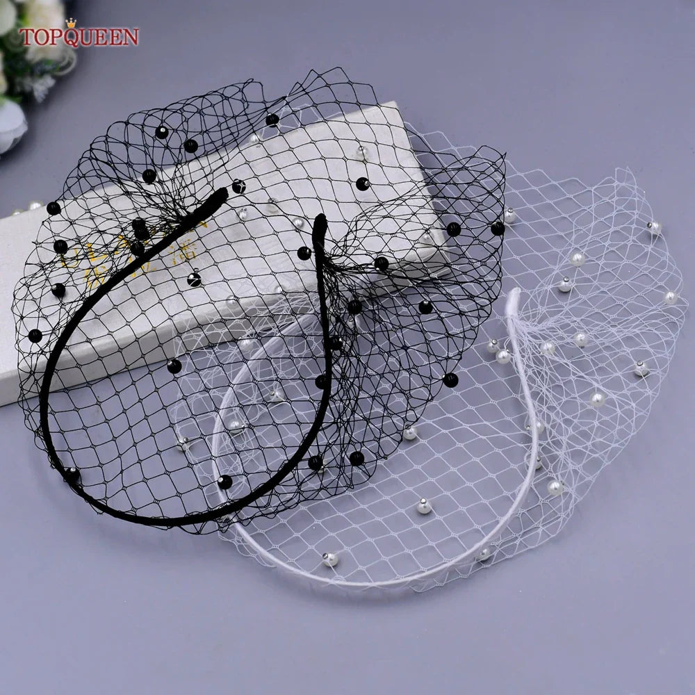 TOPQUEEN VA06 Face Veil Russian Tulle Cage Veil with Rhinestones Simple Detachable Blusher Veil Pearls Birdcage Veil on the Face