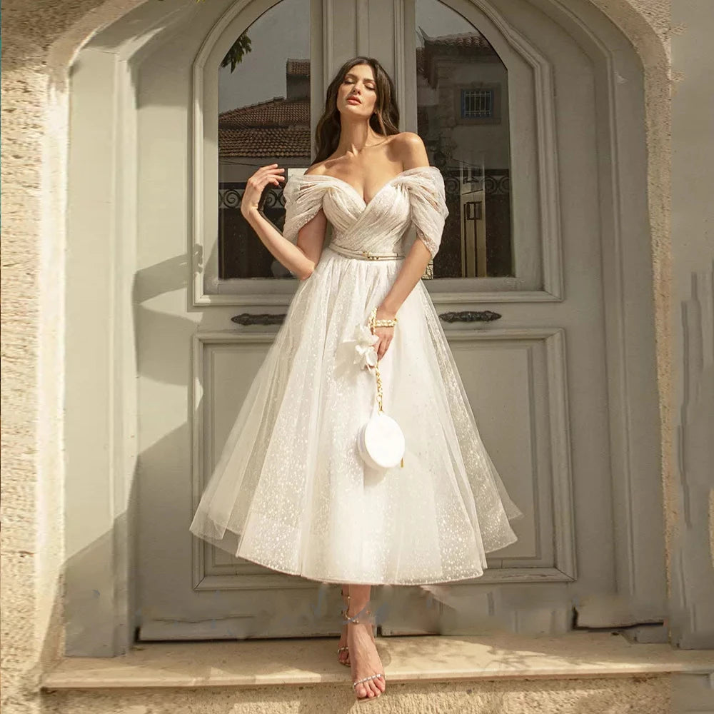 Bling Glittter Boho Wedding Dresses  For Women 2022 Sweetheaart  Tulle Point Net Tulle  Beach Short  Bridal Gown Cheap Civil