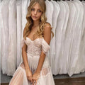 Boho beach off-shoulder lace applique sleeveless illusion elegant ivory wedding dress front view