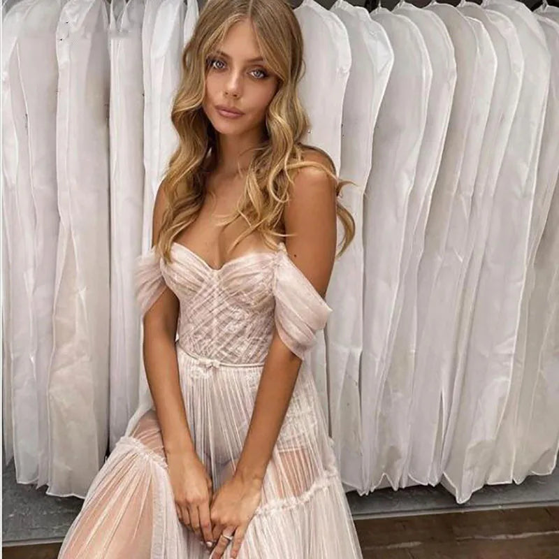 Boho beach off-shoulder lace applique sleeveless illusion elegant ivory wedding dress front view