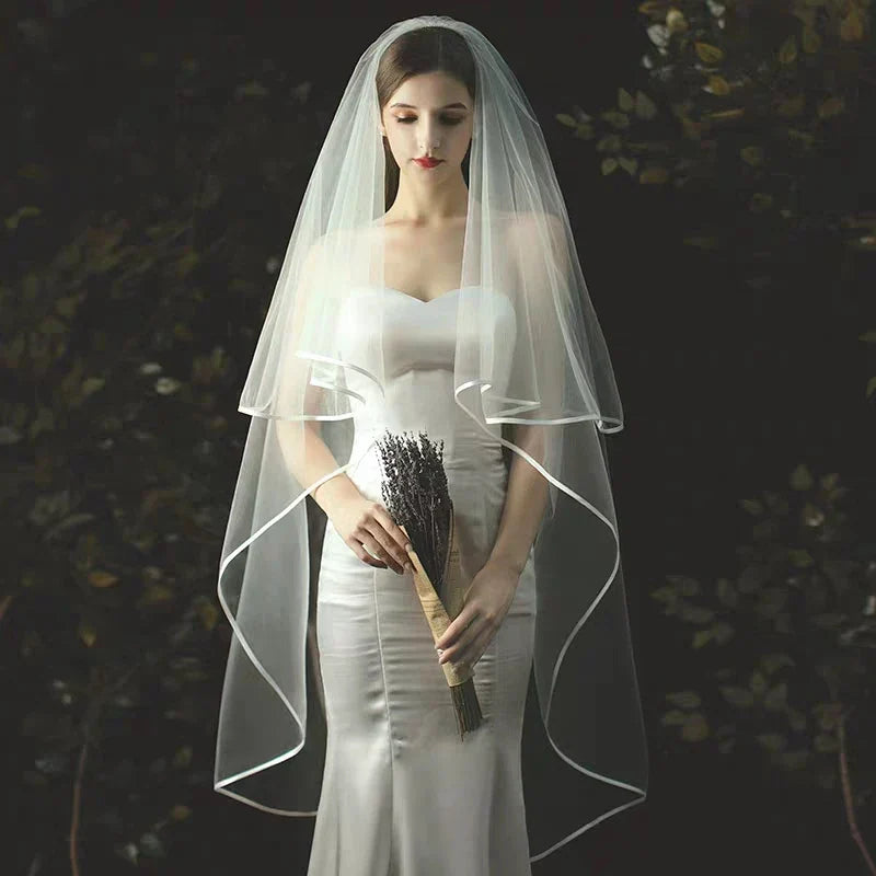 TOPQUEEN V97 Wedding Veil Long Bridal Veils 2 Layer Ribbon Edge Veil for Bride 3 Meters Wedding Accessories Veu de Noiva
