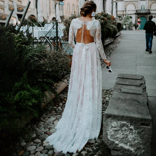 Lace Long Sleeves Beach Wedding Dress 2021 Romantic A Line Long Sash Boat Neck Customized Maxi Garden Bridal Gowns Plus Size