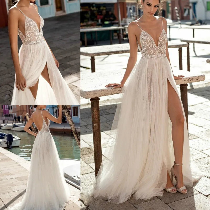 Customized Beach Tulle Wedding Dresses Boho 2025 Side Split Spaghetti Sexy Illusion A-Line Pearls Backless Bohemian Vestidos