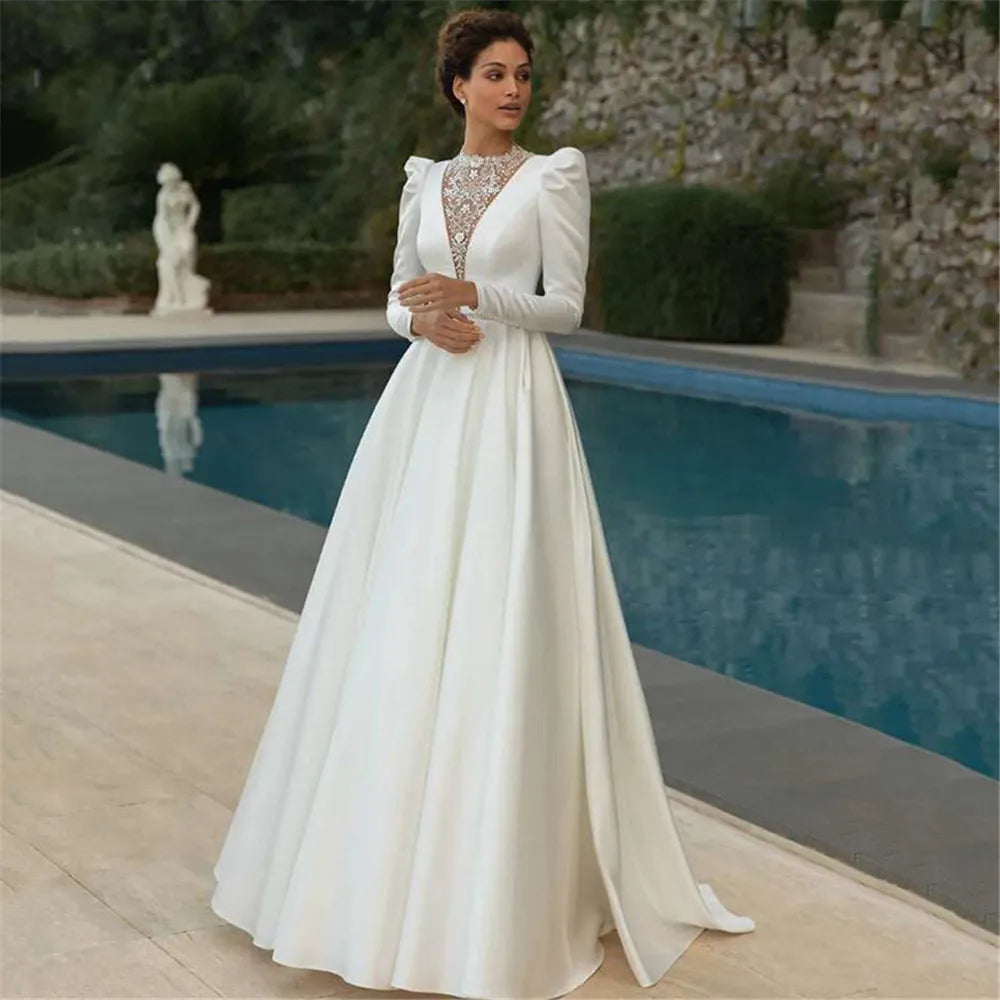 Customized Satin Muslim Wedding Dress Long Sleeve Princess Vintage Bridal Dresses A Line Beads High Neck Wedding Gowns Turkey