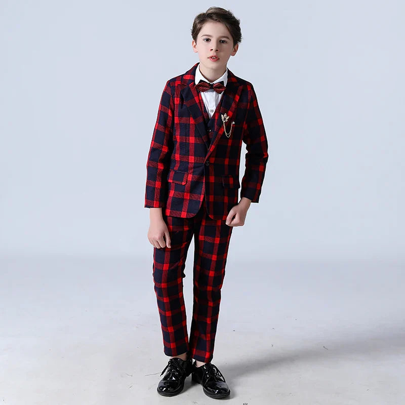 Boy's Suits Wedding Flower Suits Children’s Tuxedos For Kid Formal Prom Plaid Suits 5 Pieces Set (Jacket+Pants+Vest+Shirt+Tie)