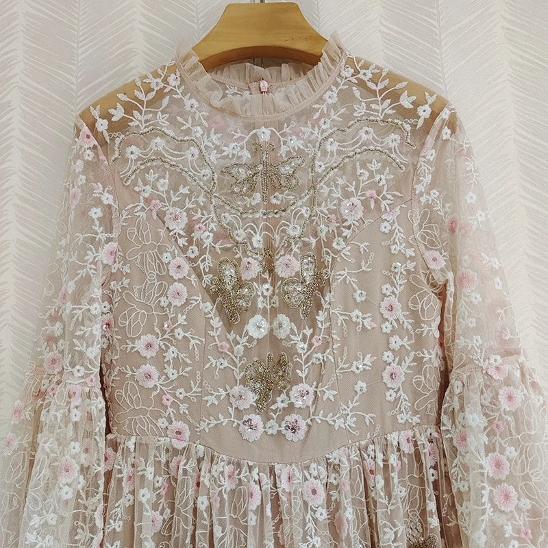 Fashion Designer Autumn Long Dress Women Luxury Embroidery Beading Crystal Flare Sleeve Mesh Party Dresses