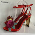 Luxury satin ankle strappy sandals crystal flower bling sequins metal heel party women