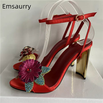 Luxury satin ankle strappy sandals crystal flower bling sequins metal heel party women