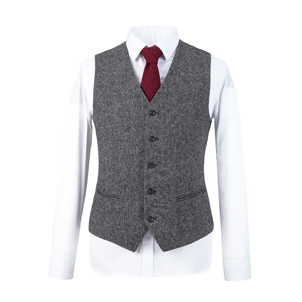 Custom made grey wool tweed vintage slim groom wedding tuxedo men blazer suit back view