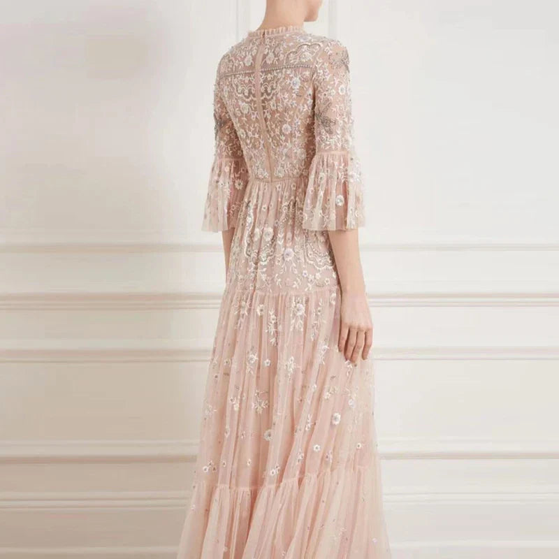 Fashion Designer Autumn Long Dress Women Luxury Embroidery Beading Crystal Flare Sleeve Mesh Party Dresses