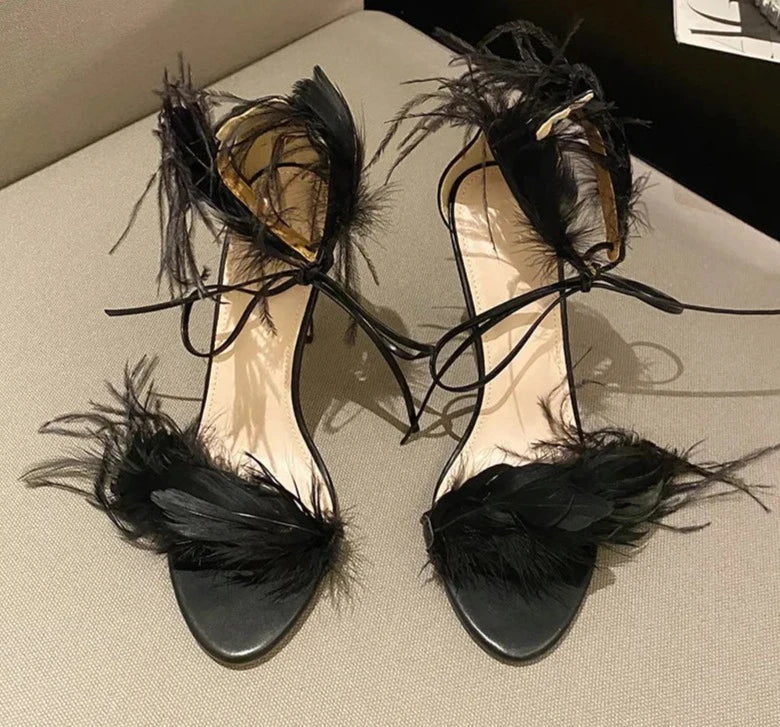 New PU Fashion Peep Toe Sandals Women's Summer Thin Heels Shoes Party Sexy Basic Solid Sweet FEATHER Elegant White