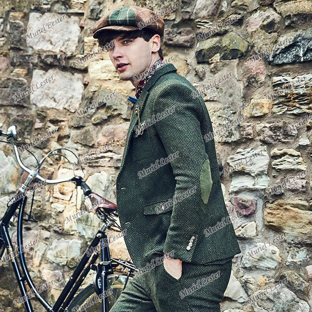 Groom wedding herringbone green 3 pieces jacket vest pants smoking business blazer detail