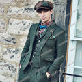 Herringbone green groom 3 pieces wedding suit jacket vest pants smoking business back view