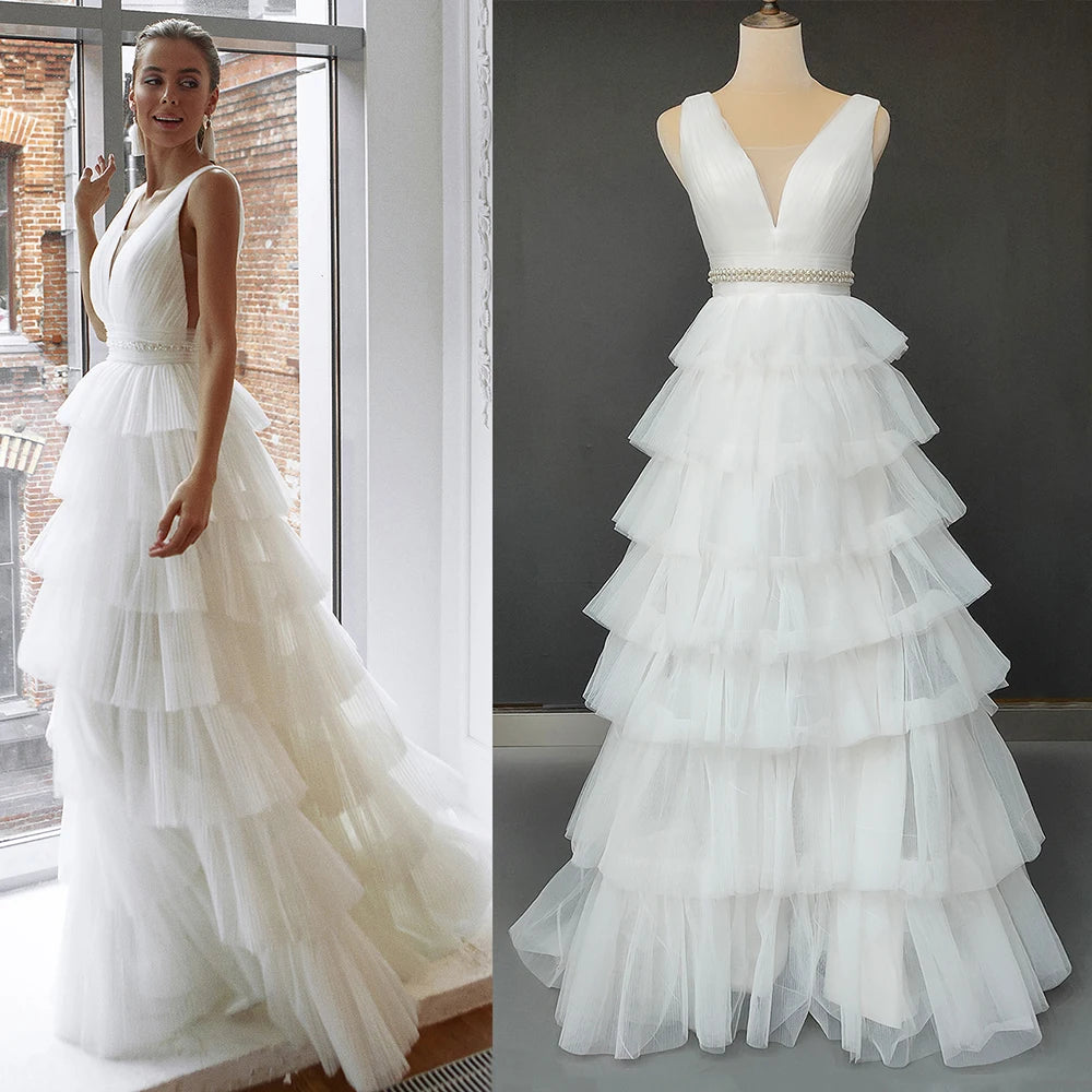 Tiered Pleated Tulle Princess Wedding Dress V Neck Ruched Waist Sleevelss Low Cut Back Beading 2021 Long Bride Gown Customized