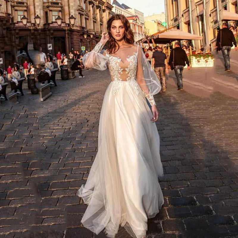 Bohemian long puff sleeves lace appliques princess boho party bridal gown front view