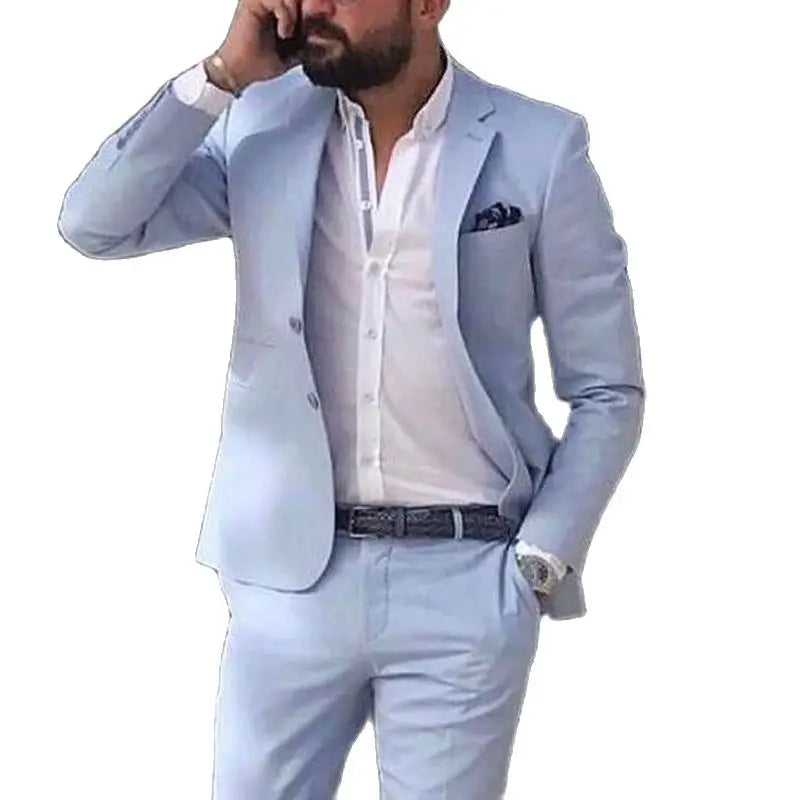 Sky blue linen beach men suit summer 2 piece slim groom tuxedo wedding jacket pants