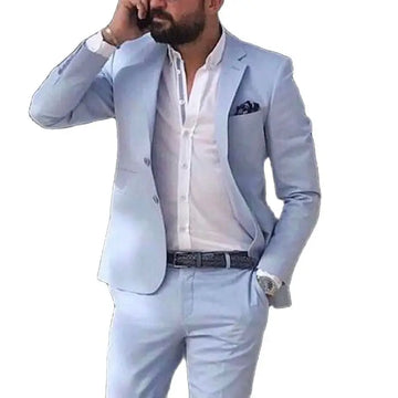 Sky blue linen beach men suit summer 2 piece slim groom tuxedo wedding jacket pants