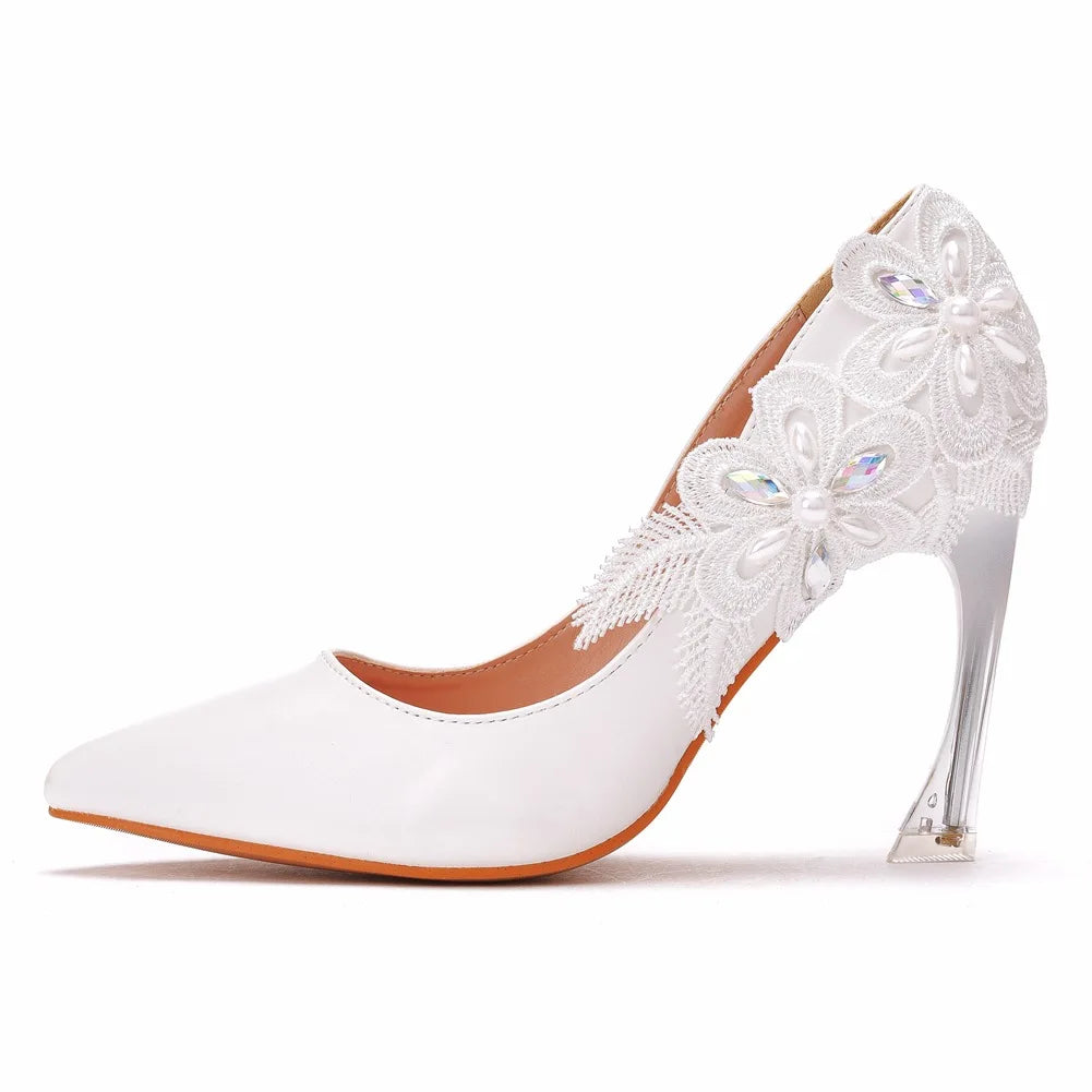 White lace flower pumps bride 9cm high heels party dress elegant wedding shoes women