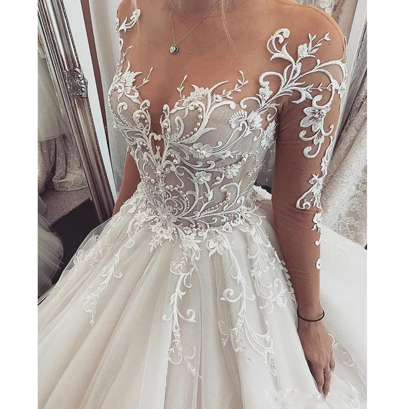 V-neck long sleeves princess lace charming illusion buttons bride wedding gown bridal dress ivory
