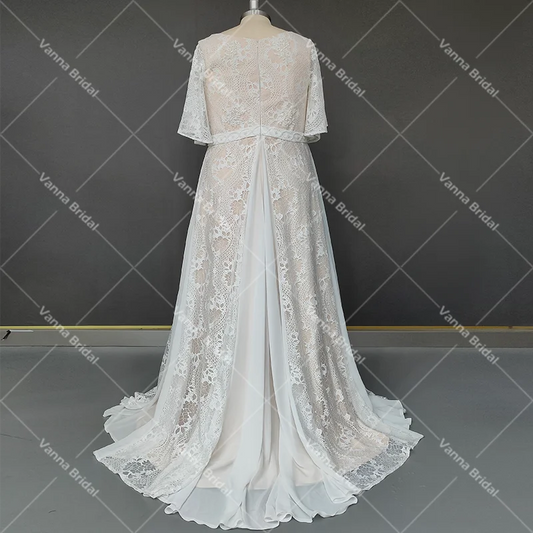 Real Photos Lace Country Boat Neck Bridal Gowns Chiffon Short Sleeves Beading Beach A Line Customized Destination Wedding Dress