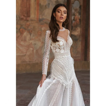 Elegant backless A-line sheer scoop neck tulle lace appliques wedding dress front view