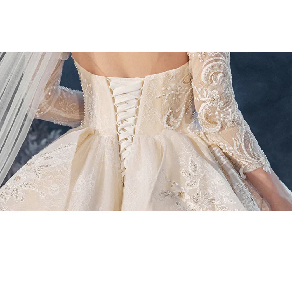 Three Quarter Sleeve Shiny Pearls Crystal Appliques Lace Gorgeous Ball Gown Wedding Dresses Vestido De Noiva