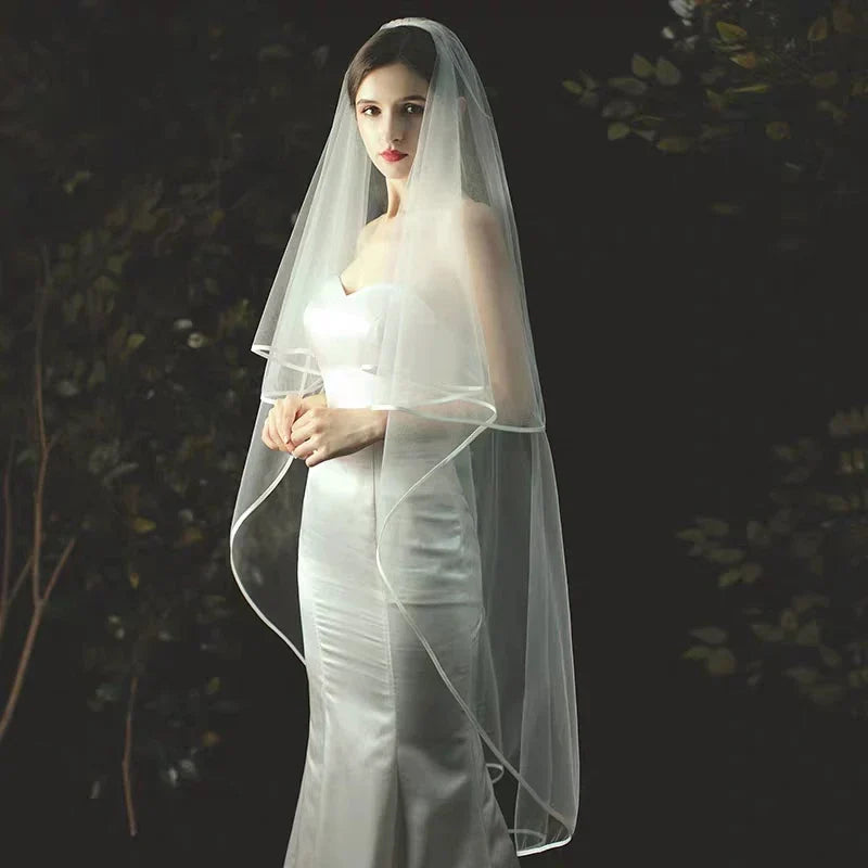 TOPQUEEN V97 Wedding Veil Long Bridal Veils 2 Layer Ribbon Edge Veil for Bride 3 Meters Wedding Accessories Veu de Noiva
