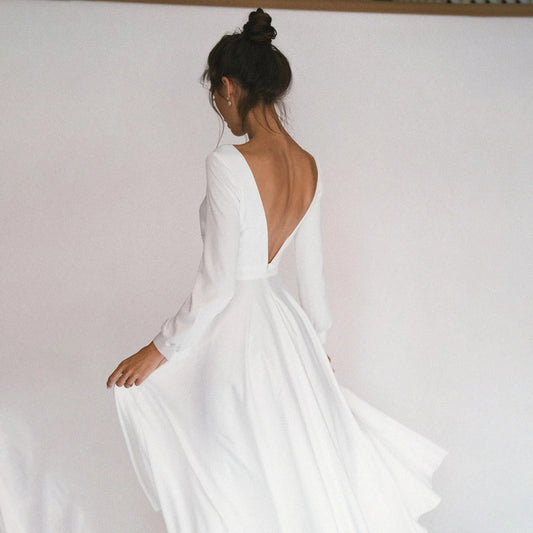 Boat Neck Simple Minimalist Wedding Dress A Line Long Sleeves Customized Plus Size Ankle Length Backless Thick Soft Bridal Gown