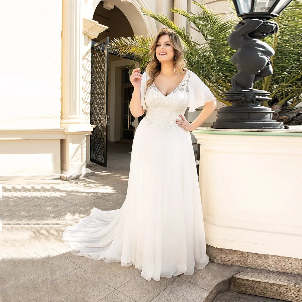 Modest Chiffon Plus Size Wedding Dress Half Sleeve V Neck Lace Applique Wedding Gown Big Women Bride Dresses Robe De Mariee