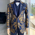 3 piece slim navy gold floral jacquard tuxedo men groom wedding suit jacket vest pant side view