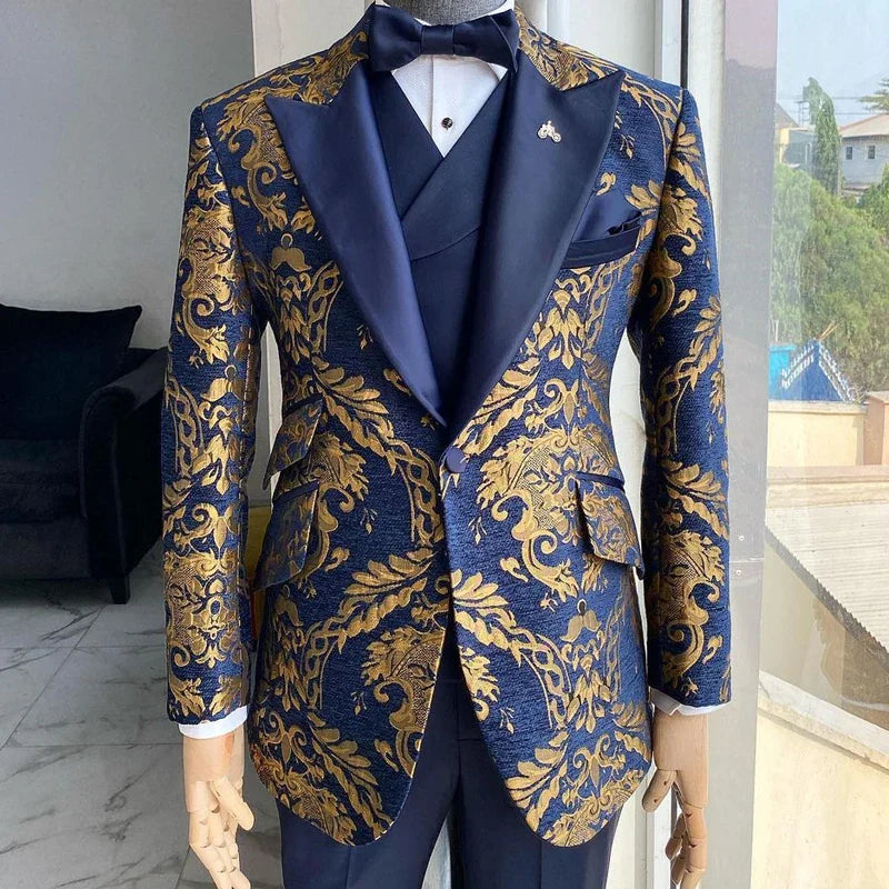 3 piece slim navy gold floral jacquard tuxedo men groom wedding suit jacket vest pant side view
