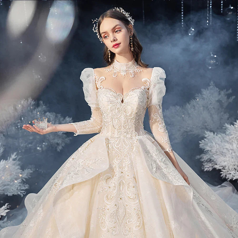 Three Quarter Sleeve Shiny Pearls Crystal Appliques Lace Gorgeous Ball Gown Wedding Dresses Vestido De Noiva