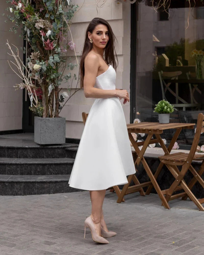 Simple Sweetheart Satin Wedding Dress Short Beach Bridal Gown Knee-Length Vestidos
