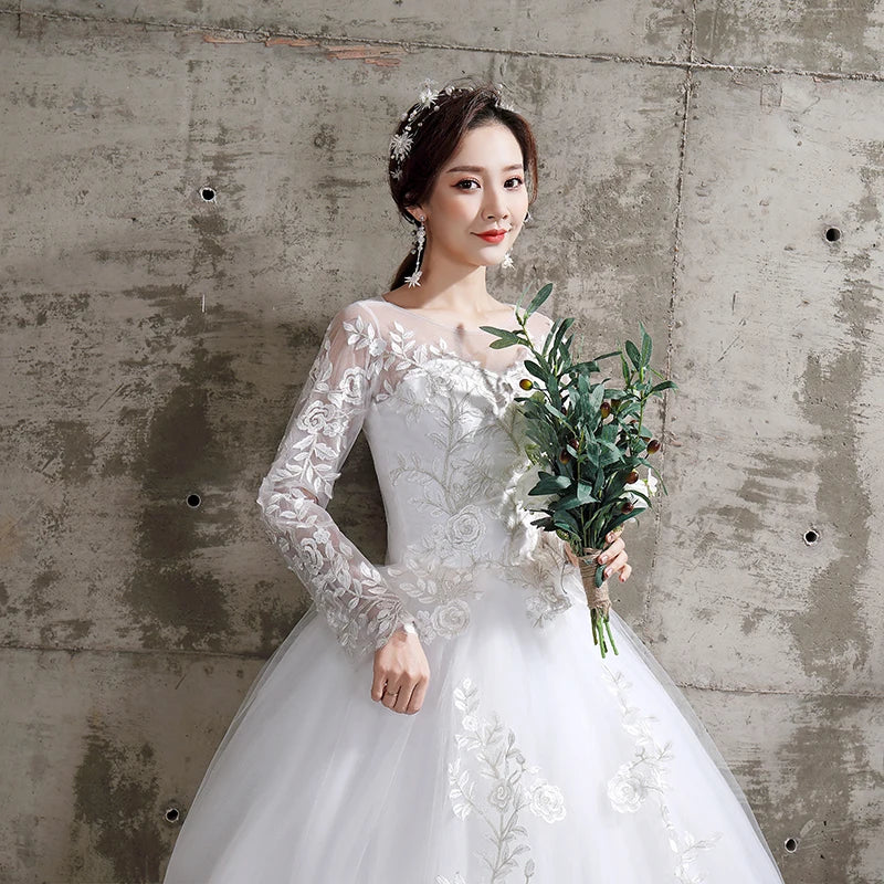Plus size full sleeve lace-up ball gown wedding dress – back view – Snowy Bridal