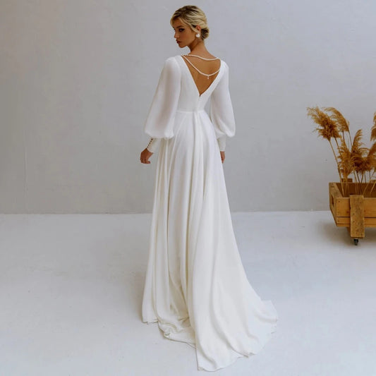 Double V Neckline Long Lantern Sleeves Wedding Gowns A Line Customized Plus Size Pearls Tassel Simple Luxe Satin Bridal Dress