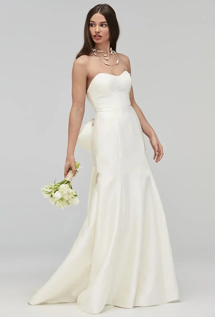 Strapless satin mermaid elegant big bow bridal gown size chart