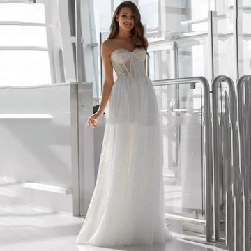 Sweetheart glitter tulle strapless corset sleeveless elegant A-line bridal gown front view