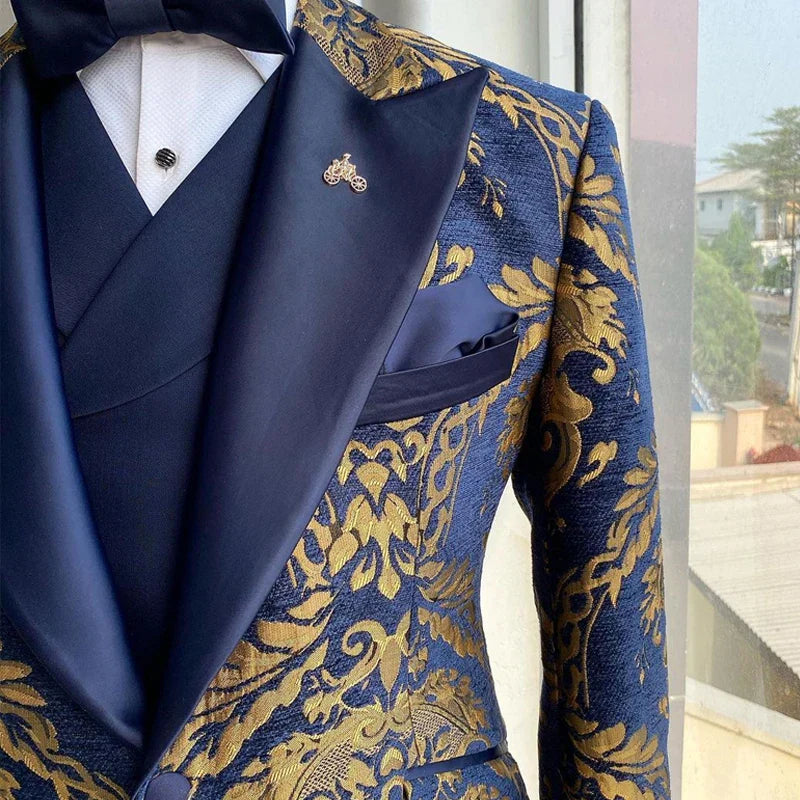 Floral jacquard tuxedo slim fit navy gold men wedding 3 piece jacket vest pant accessories detail