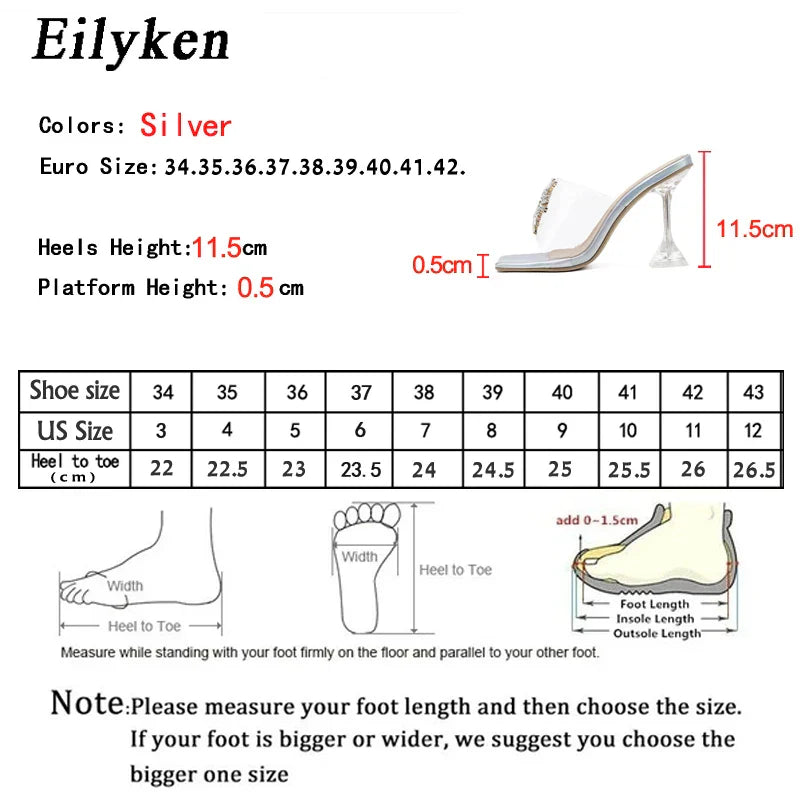Eilyken PVC Transparent Crystal Sun Flowers Buckle Womens Slippers Summer Square Toe High Heels Sandals Ladies Shoes