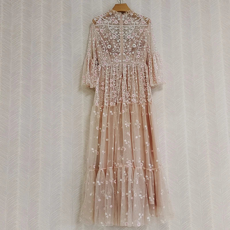Fashion Designer Autumn Long Dress Women Luxury Embroidery Beading Crystal Flare Sleeve Mesh Party Dresses